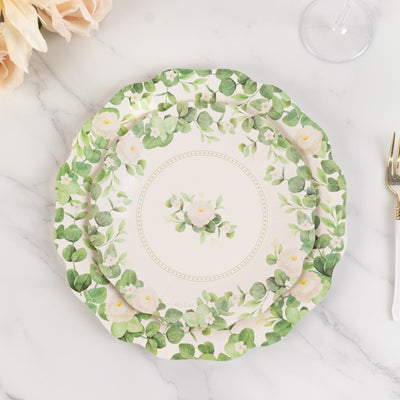25-Pack Paper 8" Round Dessert Plates in White with Floral Greenery & Scalloped Edges - Disposable Appetizer Salad Plates for Rustic Weddings & Garden Brunches