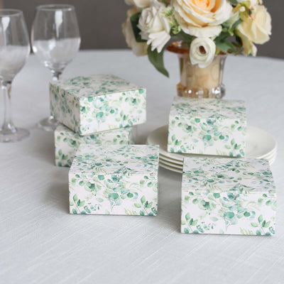 25 Pack White Green Eucalyptus Leaves Print Paper Favor Boxes Cardstock Party Shower Candy Gift Boxes - 4’’x4’’x2’’