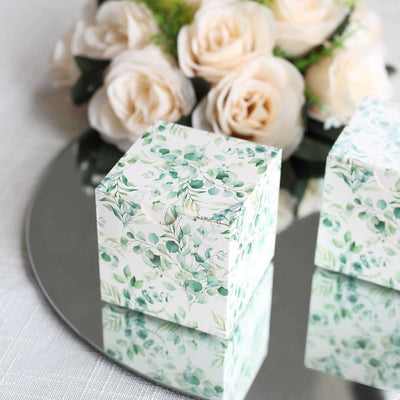 25 Pack White Green Eucalyptus Leaves Print Paper Favor Boxes Cardstock Party Shower Candy Gift Boxes - 3’’x3’’x3’’