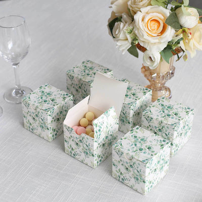 25 Pack White Green Eucalyptus Leaves Print Paper Favor Boxes Cardstock Party Shower Candy Gift Boxes - 3’’x3’’x3’’