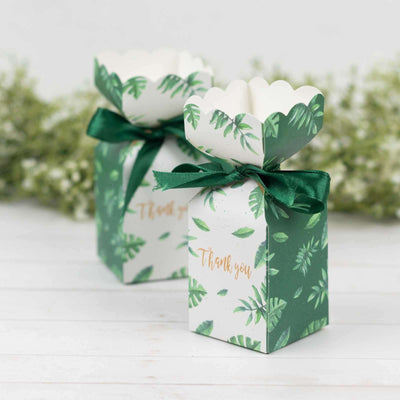 25 Pack White Green Leaf Print Satin Ribbon Candy Gift Boxes With Floral Top Cardstock Paper Party Favor Boxes