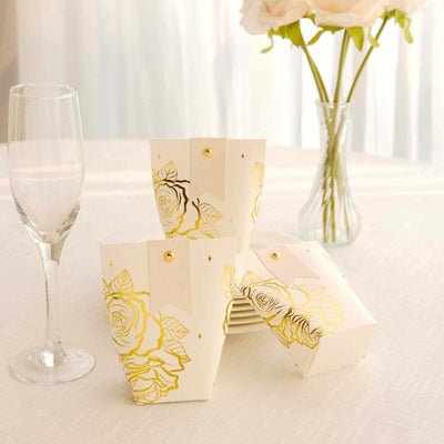 25 Pack White Paper Pouch Candy Gift Bags With Gold Rose Flower Print Party Favor Boxes with Pin and Tags - 4.5’’x4’’