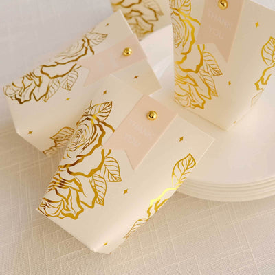 25 Pack White Paper Pouch Candy Gift Bags With Gold Rose Flower Print Party Favor Boxes with Pin and Tags - 4.5’’x4’’