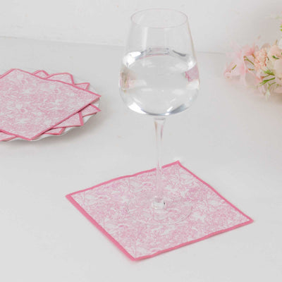 25-Pack Paper Cocktail Napkins with French Toile Print White/Pink - Highly Absorbent 2 Ply Disposable Napkins 6.25"x6.25"