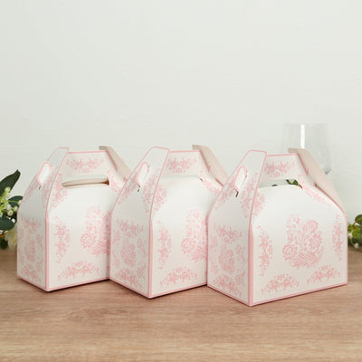 25 Pack White Pink Candy Gift Tote Gable Boxes in Damask Floral Pattern Party Favor Treat Boxes - 6’’x3.5’’x7’’ - Favor