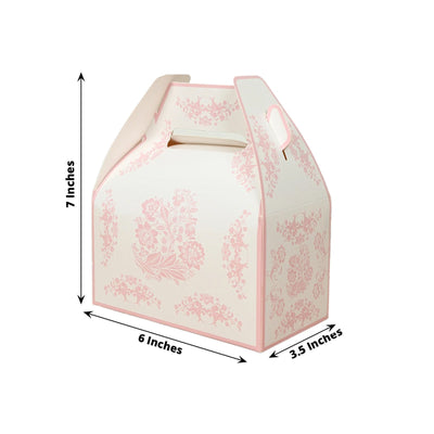 25 Pack White Pink Candy Gift Tote Gable Boxes in Damask Floral Pattern Party Favor Treat Boxes - 6’’x3.5’’x7’’ - Favor