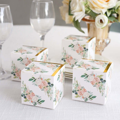 25 Pack White Pink Peony Flowers Print Paper Favor Boxes with Gold Edge Cardstock Party Shower Candy Gift Boxes