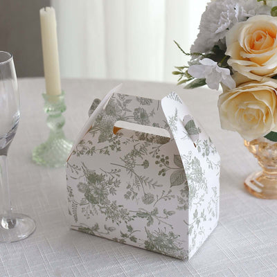 25 Pack White Sage Green Candy Gift Tote Gable Boxes in French Toile Pattern Party Favor Treat Boxes - 6’’x3.5’’x7’’