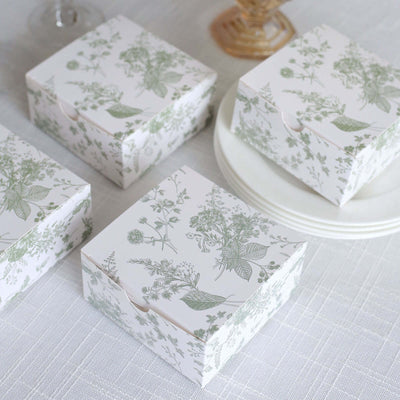 25 Pack White Sage Green Paper Favor Boxes in French Toile Pattern Cardstock Party Shower Candy Gift Boxes