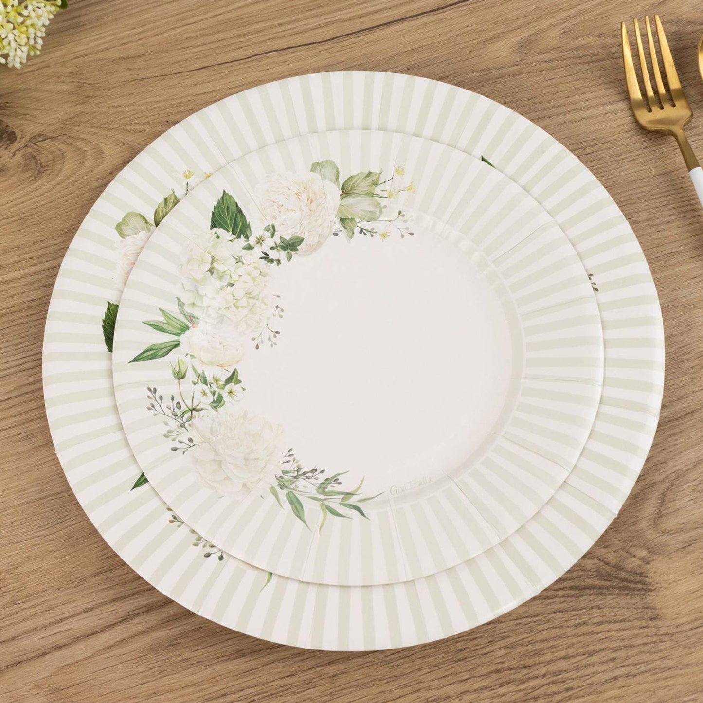 25-Pack Paper 8" Round Dessert Plates in White with Sage Green Floral Print & Lined Rim