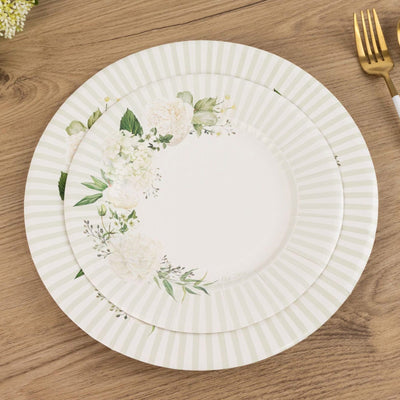 25-Pack Paper 8" Round Dessert Plates in White with Sage Green Floral Print & Lined Rim
