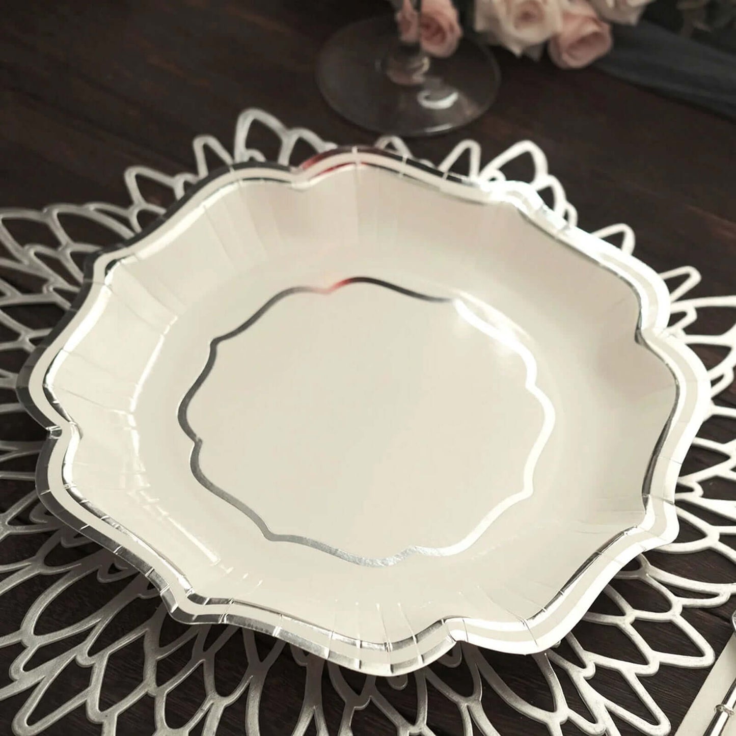 25-Pack Paper Dinner Plates in White with Silver Scallop Rim - Disposable 300GSM Party Plates 10"