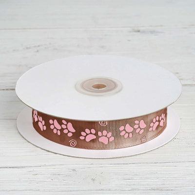 25 Yards 7/8’’ Chocolate Brown Pink Paw Print Satin Ribbon - Ribbons