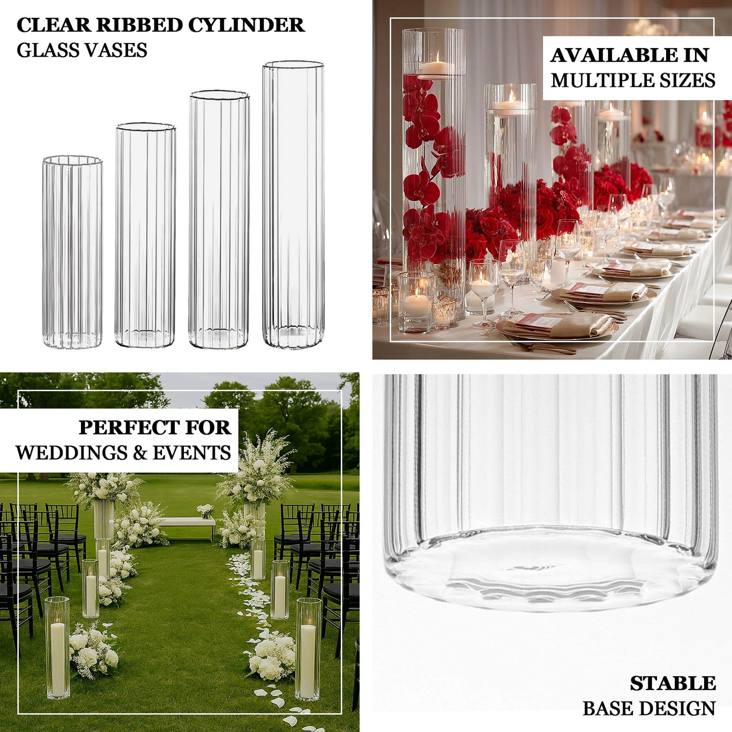28’’ Ribbed Cylinder Glass Vases 2 Pack â€“ Extra Tall Decorative Vases for Aisles Reception Tables & Event Venues