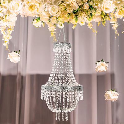 2ft Empire Style Beaded Crystal Chandelier with Silver Ornate Metal Frame Adjustable Hanging Farmhouse Pendant Ceiling