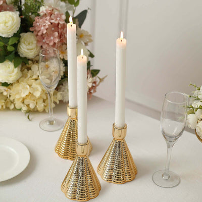 3-Pack Ceramic Taper Candle Holders Ribbed Cone Shaped Design Metallic Gold - Candlestick Stands for Decor 5"