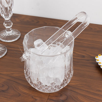 3-Pack Clear Plastic Small Ice Buckets with Handle & Tongs in Crystal-Cut Design 5’’x5’’ - Disposables
