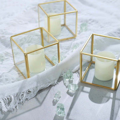 3-Pack Glass Tealight Votive Candle Holders Square Cube Design Clear with Gold Metal Frame - Stackable 3"