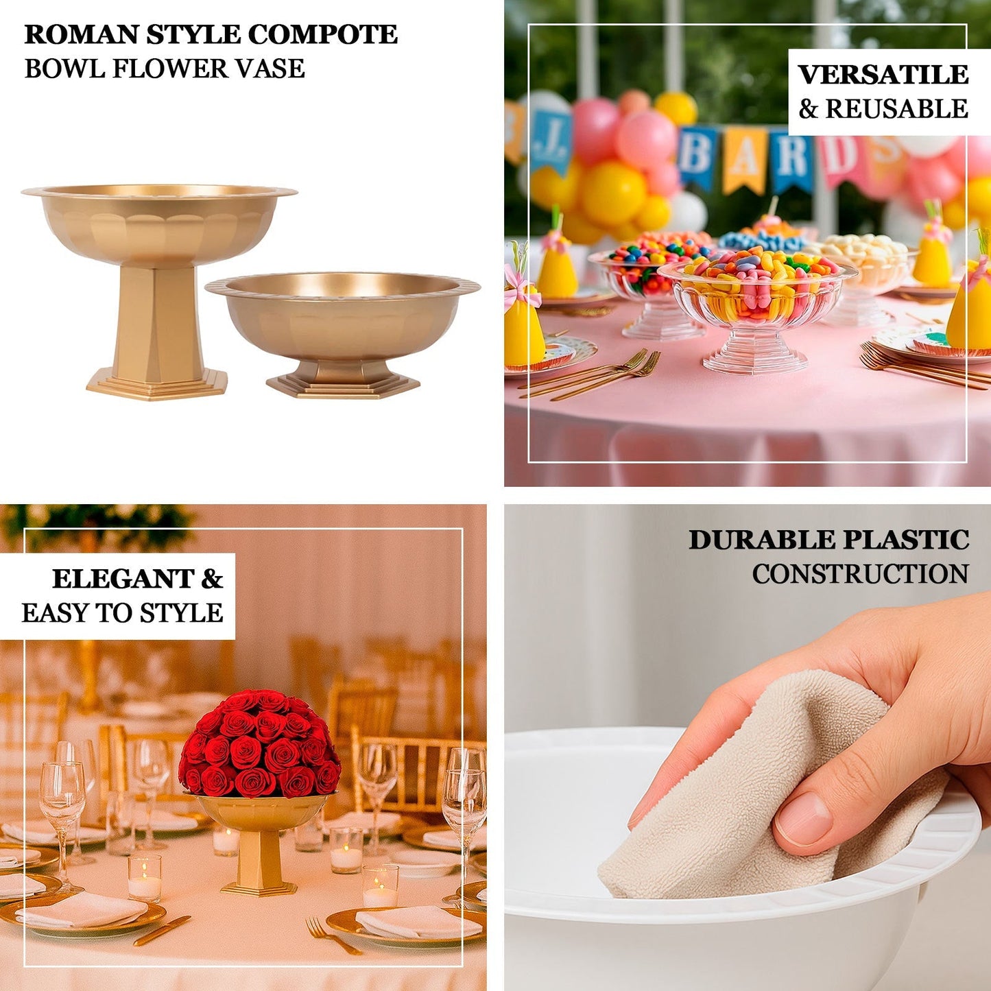 3 Pack Gold Roman Footed Compote Vases 10’’x7’’ Plastic Pedestal Flower Bowls for Table Centerpieces & Floral Displays
