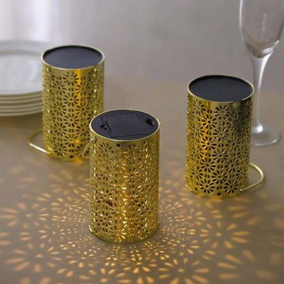 3-Pack LED Decorative Hanging Lanterns Flower Design Gold - Battery Operated Lights 3’’x5’’ - LED