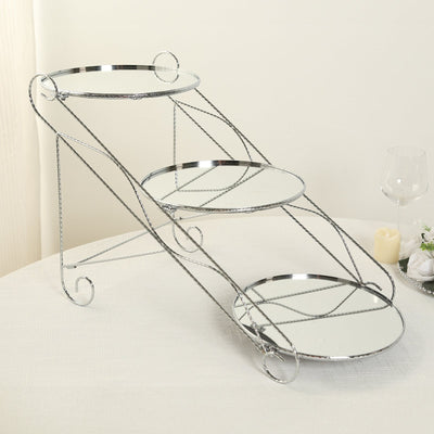3-Tier Cake Stand Cascading Design with Round Mirror Trays Silver - Dessert Display and Serving Platter Metal 16’’x19’’
