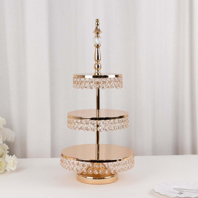3-Tier Cake Stand Crystal Beaded Gold with Round Mirror Top - Metal Cupcake Tower Dessert Display 26’’ - Cake Stands