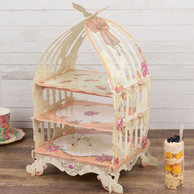 3 Tier Cardboard Cupcake Stand White/Peach Birdcage Style - Charming Reusable Cake Display Holder with Floral Print