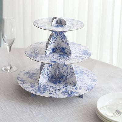3-Tier Cardboard Cupcake Stand White with Blue French Toile Pattern - Reusable Dessert Display Stand Round Serving
