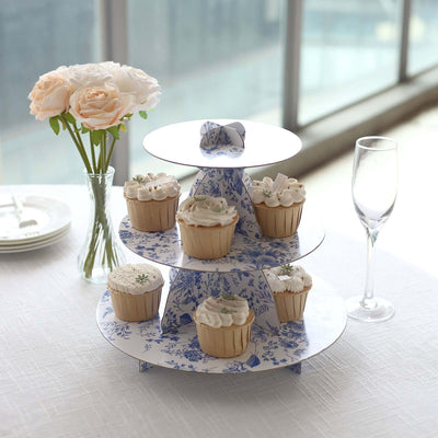 3-Tier Cardboard Cupcake Stand White with Blue French Toile Pattern - Reusable Dessert Display Stand Round Serving