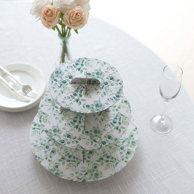 3-Tier Cardboard Cupcake Stand White with Green Eucalyptus Leaves Pattern - Reusable Dessert Display Stand Round