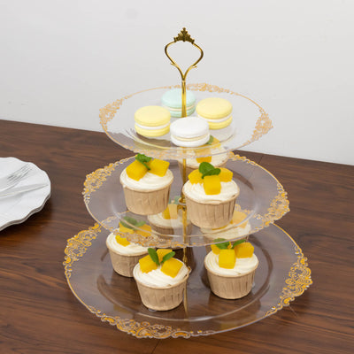3-Tier Clear Plastic Cupcake Tower Stand with Gold Embossed Baroque Rim 13’’ Round Cake Dessert Holder Display Stand