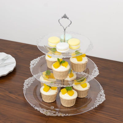 3-Tier Clear Plastic Cupcake Tower Stand with Silver Embossed Baroque Rim 13’’ Round Cake Dessert Holder Display Stand