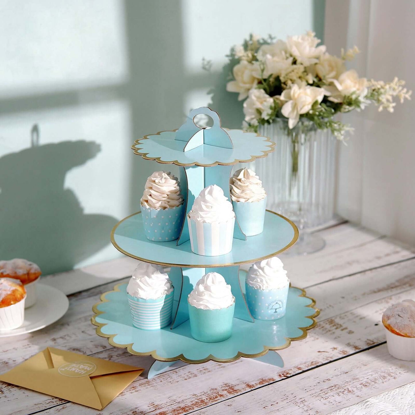 3-Tier Cardboard Cupcake Stand Light Blue - Sturdy & Collapsible Dessert Treat Tower with Gold Scalloped Rim for Baby Shower Wedding & Party Decor 13"