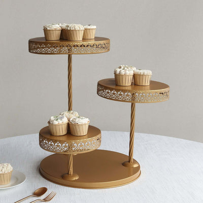 3-Tier Dessert Stand Hollow Lace Round Design Gold - Cupcake Tower and Tiered Cake Display Metal 21’’ - Cake Stands