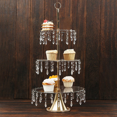 3-Tier Gold Cupcake Stand â€“ 2ft Acrylic and Metal Dessert Display Tower with Hanging Crystals - Cake Stands
