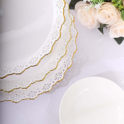 3-Tier Plastic Round Cupcake Stand 15’’ White with Lace Gold Rim Scalloped Edges - Cake Stands