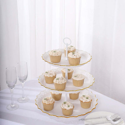 3-Tier Plastic Round Cupcake Stand 15’’ White with Lace Gold Rim Scalloped Edges - Cake Stands
