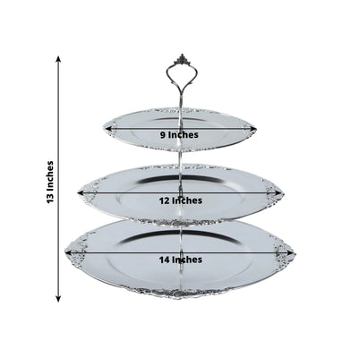 3-Tier Plastic Round Cupcake Stand Metallic Silver with Baroque Rim & Top Handle 13’’ - Cake Stands