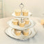 3-Tier Plastic Round Cupcake Stand Whitewashed with Antique Gold Baroque Rim & Top Handle 13"