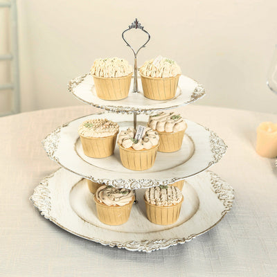 3-Tier Plastic Round Cupcake Stand Whitewashed with Antique Gold Baroque Rim & Top Handle 13’’ - Cake Stands
