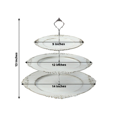 3-Tier Plastic Round Cupcake Stand Whitewashed with Antique Gold Baroque Rim & Top Handle 13’’ - Cake Stands
