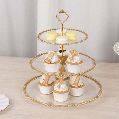 3-Tier Plastic Round Cupcake Tower Stand Clear - Versatile Dessert Display Tea Party Serving Platter with Gold Beaded