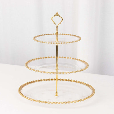 3-Tier Plastic Round Cupcake Tower Stand Clear - Versatile Dessert Display Tea Party Serving Platter with Gold Beaded