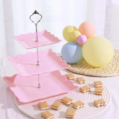 3-Tier Plastic Square Cupcake Stand Tower Pink - Charming Easy to Assemble Dessert Display Serving Tray Platter with Floral Embossed Scalloped Rim & Silver Handle for Tea Parties Weddings & Special Occasions 13"