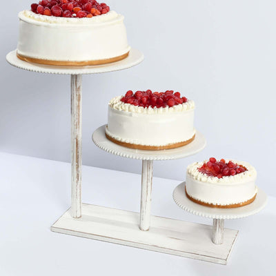 3-Tier Wooden Cake Stand Whitewash with Round Beaded Rim Trays - Rustic Cupcake Tower Dessert Display 24’’x16’’ - Cake