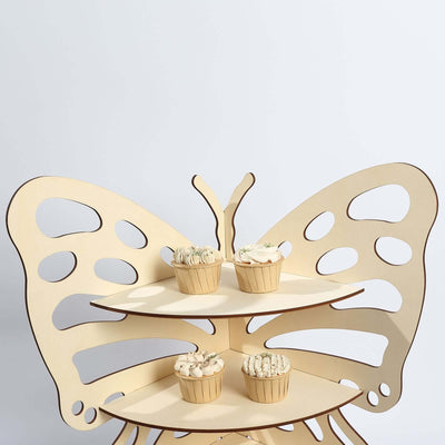 3-Tier Wooden Cupcake Stand Butterfly Design Natural - Rustic Dessert Display Shelf Rack 24’’ - Cake Stands