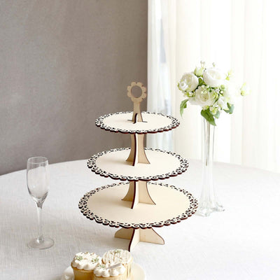 3-Tier Wooden Cupcake Stand Floral Edge Design Natural - Rustic Round Dessert Display Table Centerpiece 16’’ - Cake