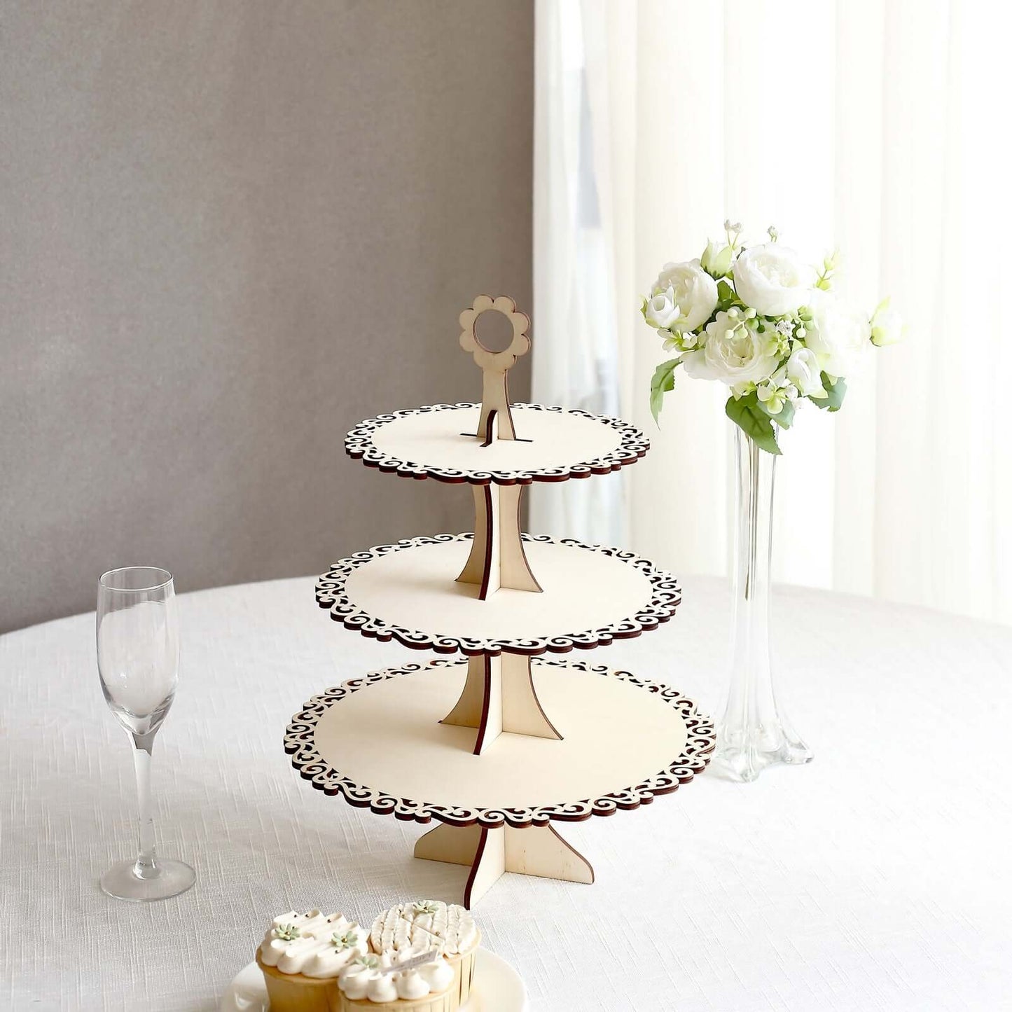 3-Tier Wooden Cupcake Stand Floral Edge Design Natural - Rustic Round Dessert Display Table Centerpiece 16"