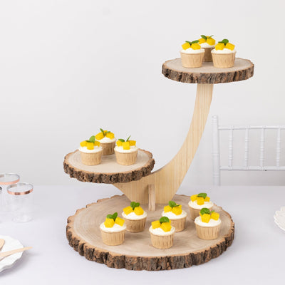 3-Tier Wooden Cupcake Stand Rustic Natural Wood Slice with Tree Branch Style - Farmhouse Dessert Display Cake Holder