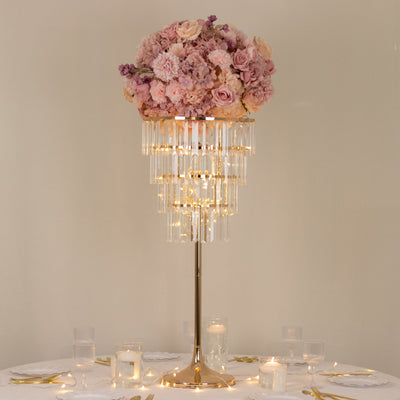38’’ Crystal Pendant 4-Tier Table Centerpiece Chandelier â€“ Gold Metal Vase Stand with Round Frame & Base Hanging